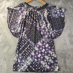 Alyn Paige Womens Batwing Top Small Purple Black Abstract Boho Festival Summer